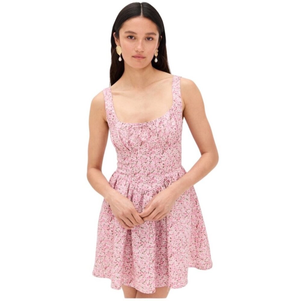 Reformation Daria Print Linen Mini Dress in Pink Combo, Size 6 - Picture 4 of 12
